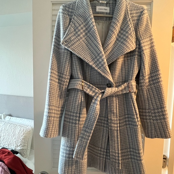 Calvin Klein Women's Light Blue Houndstooth Trench Coat - Picture 3 of 4